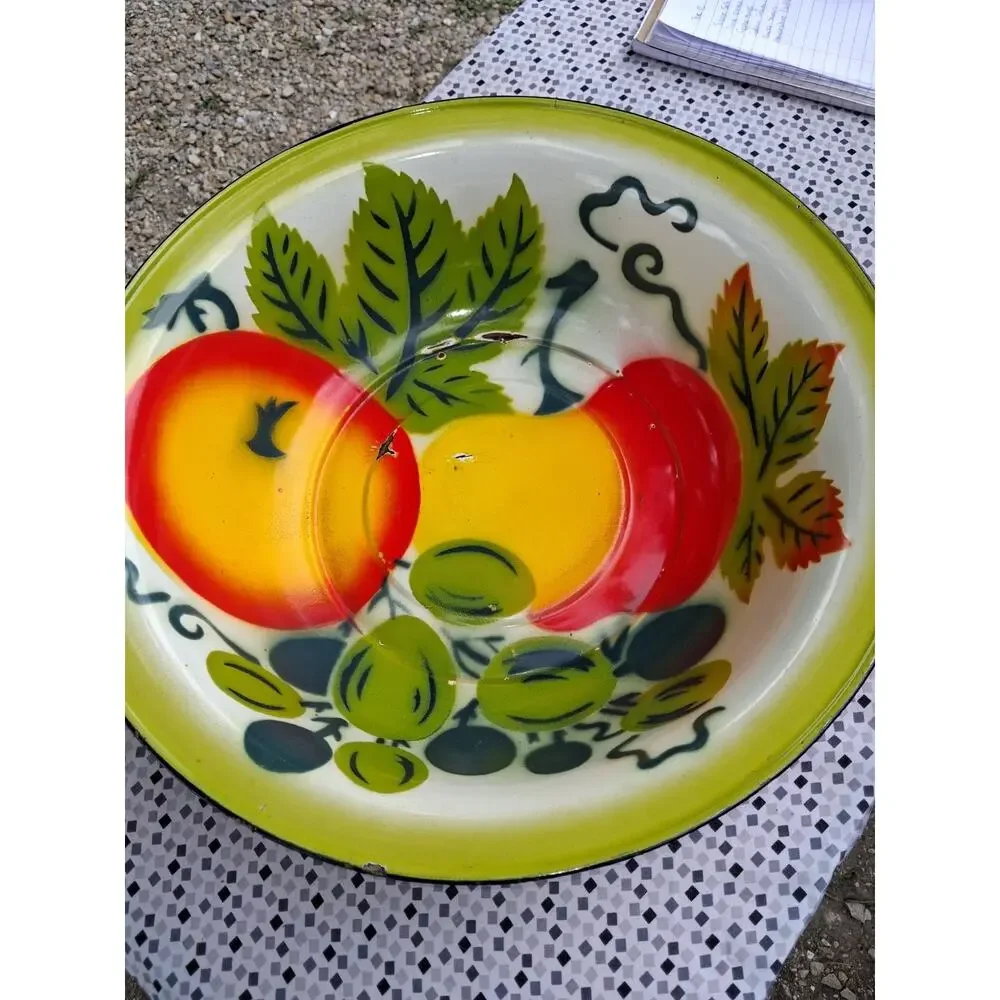 Vintage Enamel Metal Fruit Pattern Round Bowl 15 3/4 in Multicolor Painted